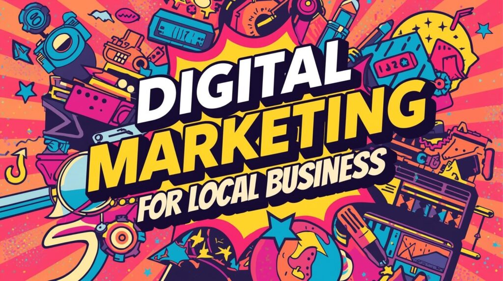 Illustration of digital marketing strategies for local businesses showing social media, SEO, email marketing, and content creation icons connected to small business growth.
