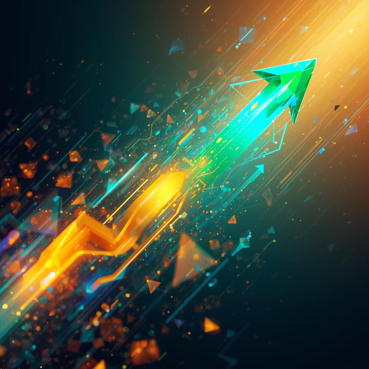 SEO agency in Hyderabad growth concept illustration featuring an upward arrow with bright orange and teal digital streaks, symbolizing SEO performance, ranking improvement, and business growth.