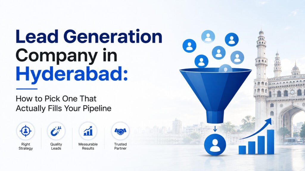 Lead generation company in Hyderabad blog banner with a marketing funnel converting prospects into a lead, Charminar behind