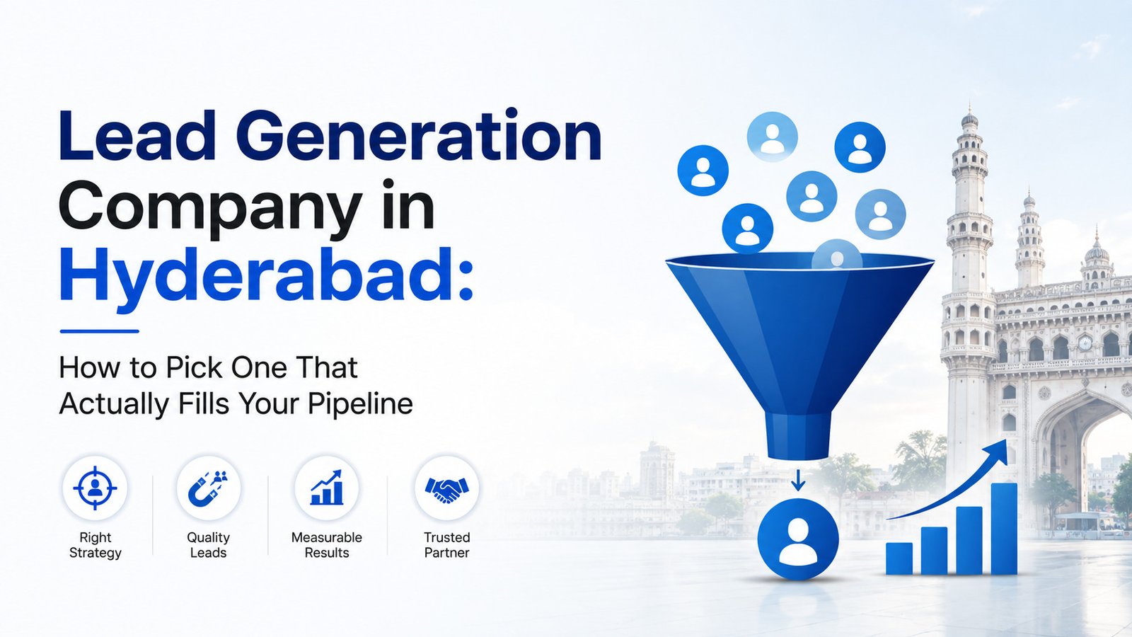 Lead generation company in Hyderabad blog banner with a marketing funnel converting prospects into a lead, Charminar behind